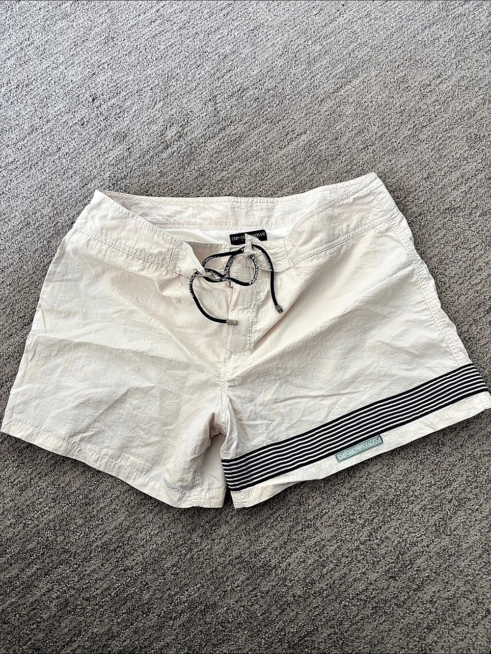 Emporio Armani creame Striped navy and white size large swim trunks
